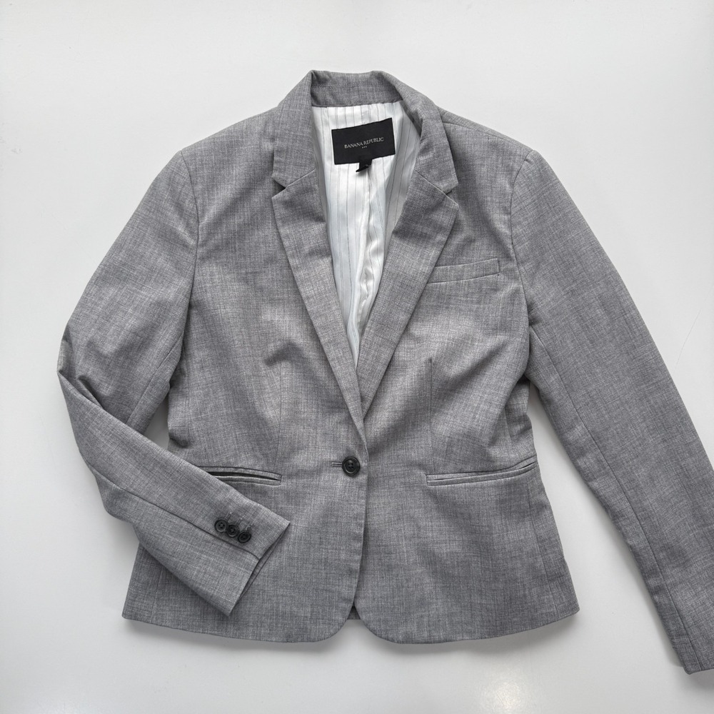 BANANA REPUBLIC‎ One Button Blazer Grey Petite Womens 4 Machine Washable Pockets